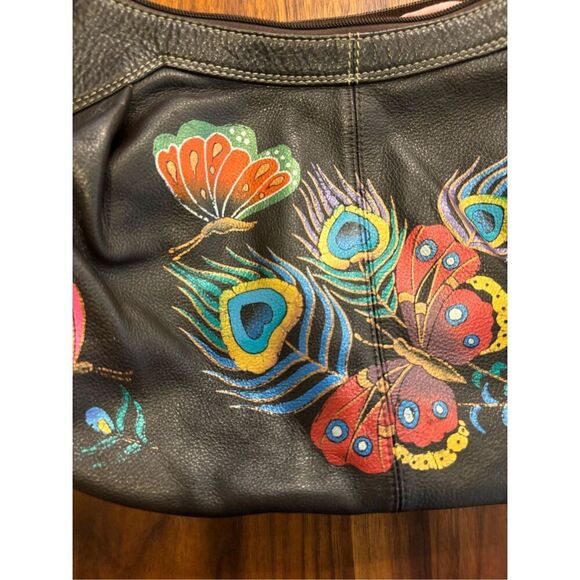 Anuschka Women's Brown Hand Painted Floral Butterfly Print Leather Shoulder Bag - Picture 6 of 8
